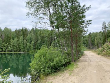 Yeşil sulu göl, toprak yola yakın orman, bulutlu gökyüzü, Karelia 'nın doğası