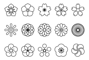 Geleneksel Japon Çiçek Simgesi Seti. Bu, geleneksel bir Japon deseni olan siyah çizgili çiçek ikonları..