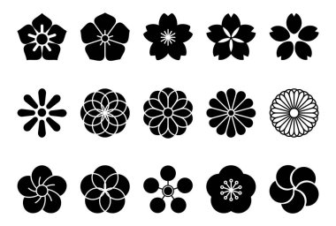 Geleneksel Japon Çiçek Simgesi Seti. Çiçeklerin siyah siluet simgelerinin çizimi.