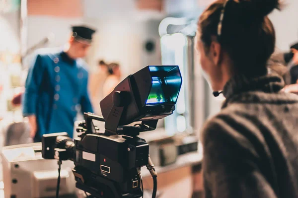 Detrás Escena Actor Delante Cámara Plató Película Estudio Cine Grupo — Foto de Stock