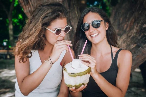つのガール フレンド ココナッツ水を飲んで 夏の休暇を楽しんでします 熱帯旅行の祝日 — ストック写真