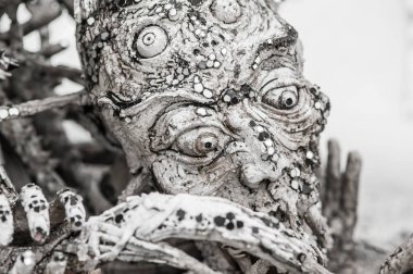 Wat Rong Khun - Beyaz Tapınak, Chiang Rai Tayland - Mayıs 2018 yaklaşık. Detay metamorfik korku yüz eller outreaching yüzlerce heykel arasında çığlık