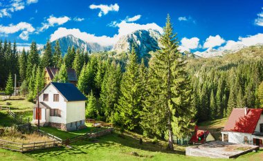 Panoramik pastoral dağ manzarası ile geleneksel chalets. Zabljak, Durmitor, Karadağ