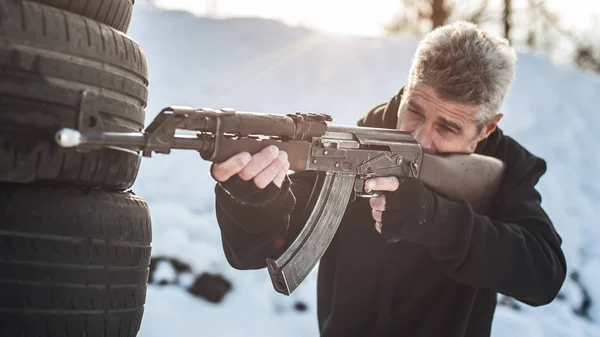 Entraînement Tir Fusil Par Derrière Autour Une Couverture Une Barricade — Photo