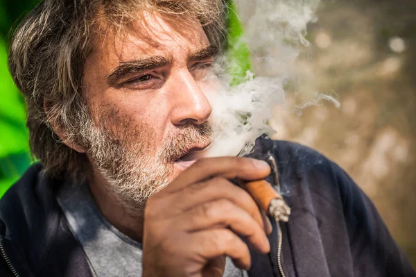 Portrait Bearded Caucasian Man Smoking Cigar Close — Stock Photo, Image