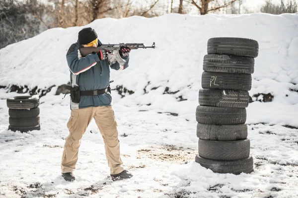 Entraînement Tir Fusil Par Derrière Autour Une Couverture Une Barricade — Photo