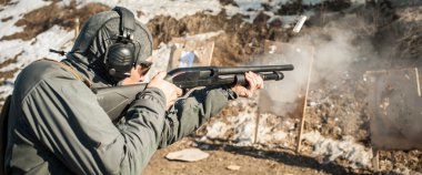 Tactical combat pump gun shooting training. Shotgun weapon action course clipart