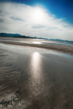 Kaya ve kristal berraklığında su ile pastoral tropikal plaj