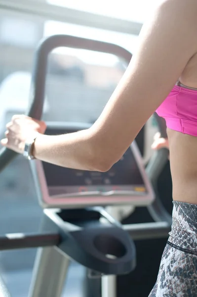 Closeup of woman using stepper and training in fitness center