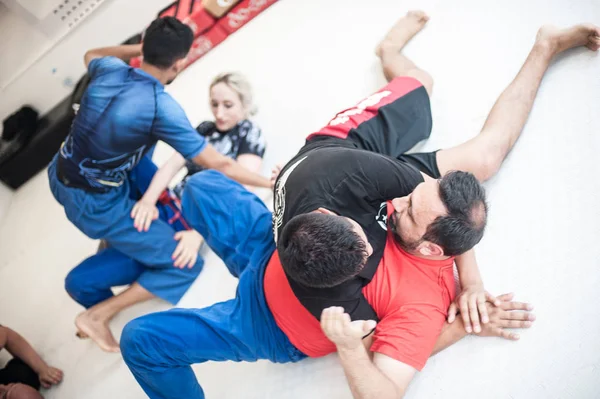 BJJ бразильського джиу-джитсу грунт боротьба щадне навчання і демонстрації — стокове фото