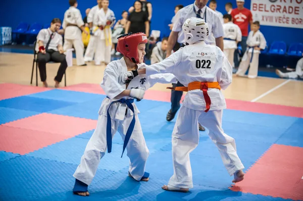 Niños pequeños y niños en kimono deportivo. Kyokushin karate tourn — Foto de Stock