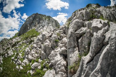 Dağ sırasının tepesinde kocaman taşlar olan çayır.