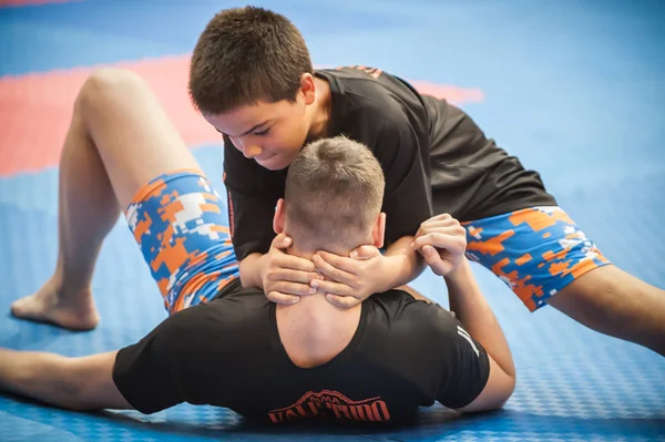 Two Kids and Children Demonstrate Brazil jiu-jitsu Techniques — стокове фото