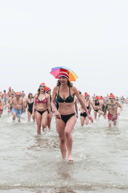 BİLİM, NETHERLANDS - 01. Ocak 2020. Scheveningen yıllık yeni yıl dalışı ve yüzme. Tipik Hollanda geleneği