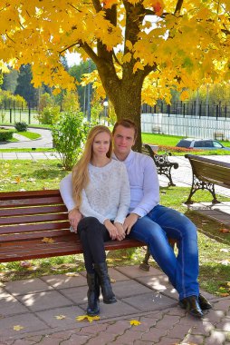 sonbahar sıcak gün parkta oturan güzel genç Çift