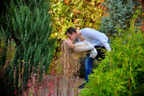 美丽的年轻夫妇在公园接吻 — 图库照片