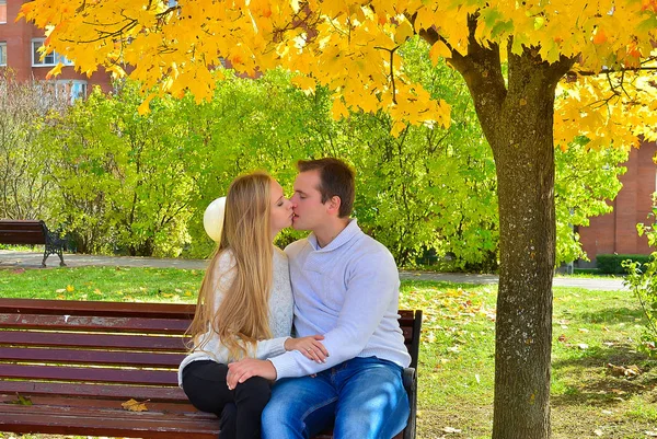 Belo Jovem Casal Sentado Parque Outono Dia Quente — Fotografia de Stock