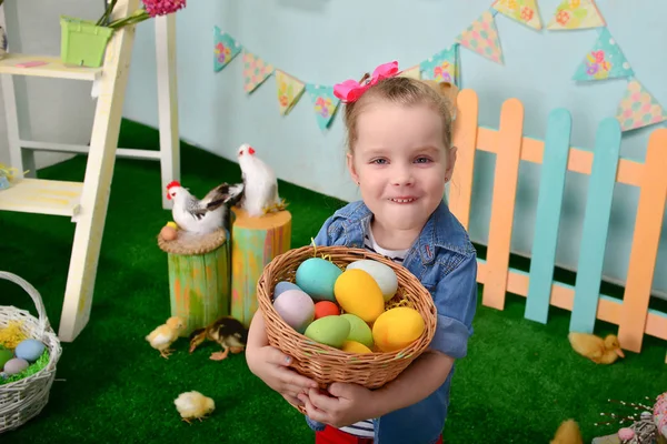 Cute Smiling Little Girl Basket Full Colorful Easter Eggs — Stock Photo, Image