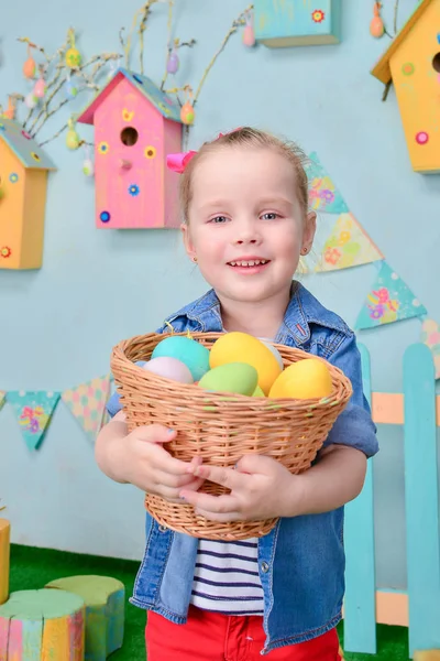 Cute Smiling Little Girl Basket Full Colorful Easter Eggs — Stock Photo, Image