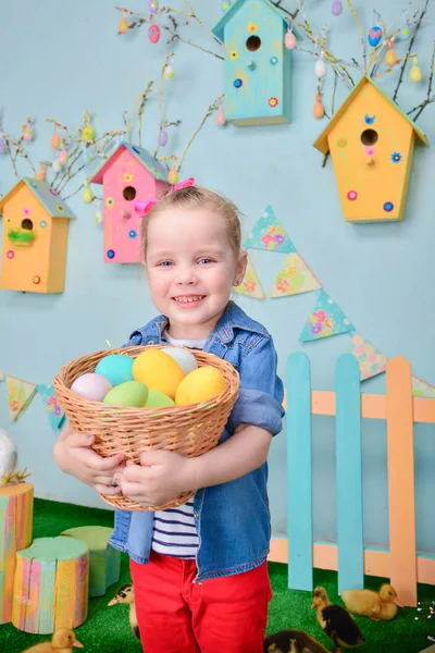 Cute Smiling Little Girl Basket Full Colorful Easter Eggs — Stock Photo, Image