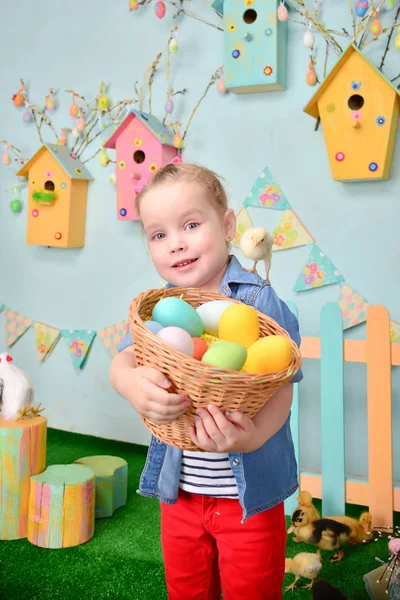 Cute Smiling Little Girl Basket Full Colorful Easter Eggs Chick — Stock Photo, Image