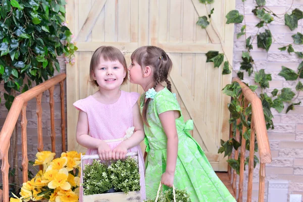 Beautiful Cute Girls Posing Flowers — Stock Photo, Image