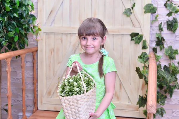 Beautiful Cute Girl Flowers Home — Stock Photo, Image