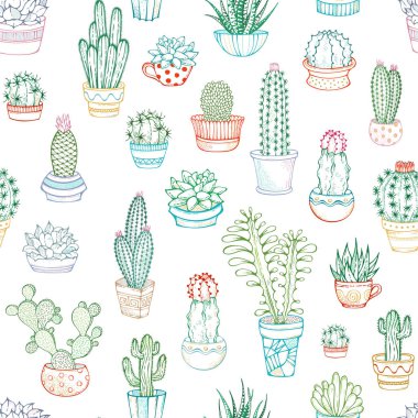 Doğrusal kaktüsve sulu etlerin vektör dikişsiz deseni.