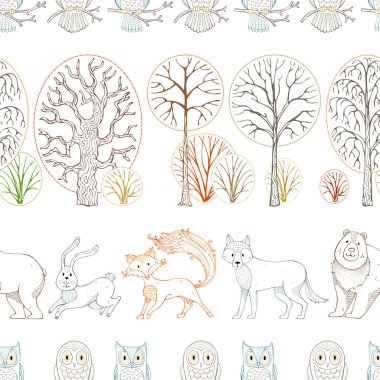 Wild animals in autumn forest. Vector seamless pattern.