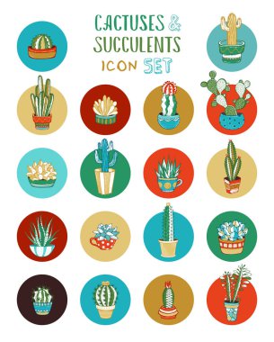 Vektör karikatür kaktüsler ve sulu simge seti.
