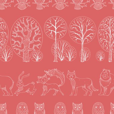 Wild animals in autumn forest. Vector seamless pattern.
