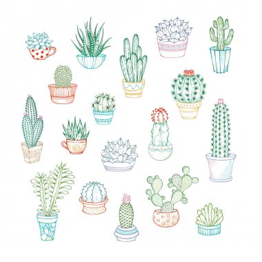 Vector set of linear icons of cacti and succulents. clipart