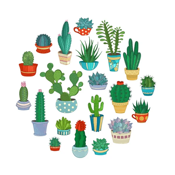 Cactus y suculentas ilustración vectorial redonda . — Archivo Imágenes Vectoriales