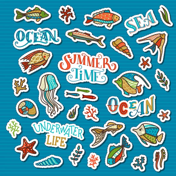 Vector set of sea/ocean patches, stickers, embroidery and sticky — Stock Vector