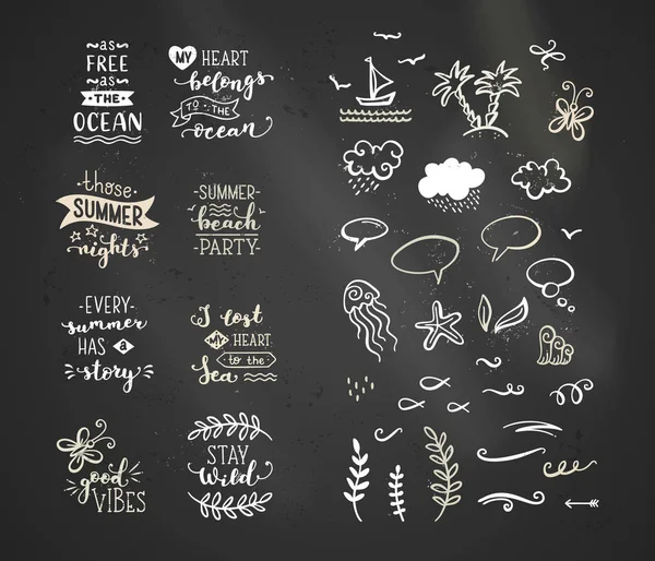 矢量粉笔字母和涂鸦剪贴画在海洋/海洋主题. — 图库矢量图片