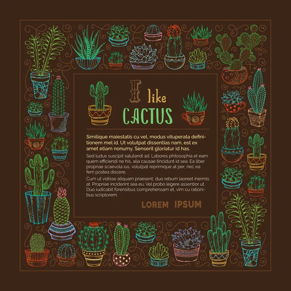 Cactus linéaires dessinés à la main et succulents cadre carré . — Image vectorielle