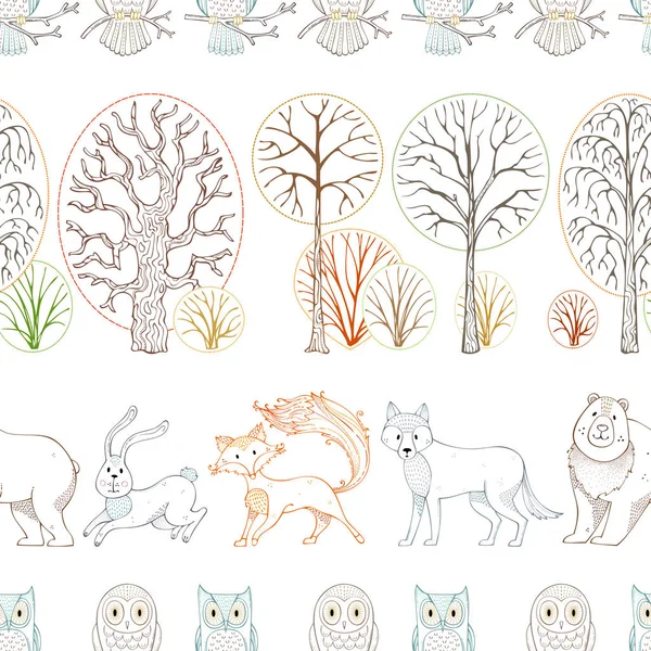 Wild animals in autumn forest. Vector seamless pattern.