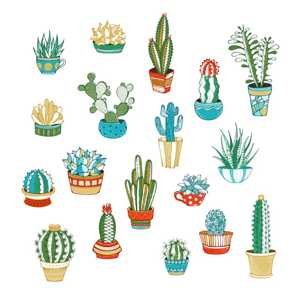 Conjunto vectorial de cactus e iconos suculentos aislados en respaldo blanco — Archivo Imágenes Vectoriales