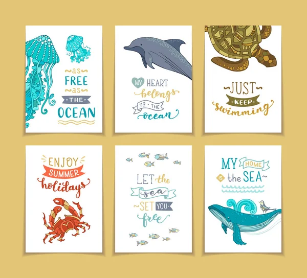 Conjunto de 6 tarjetas de felicitación oceánicas prefabricadas . — Vector de stock