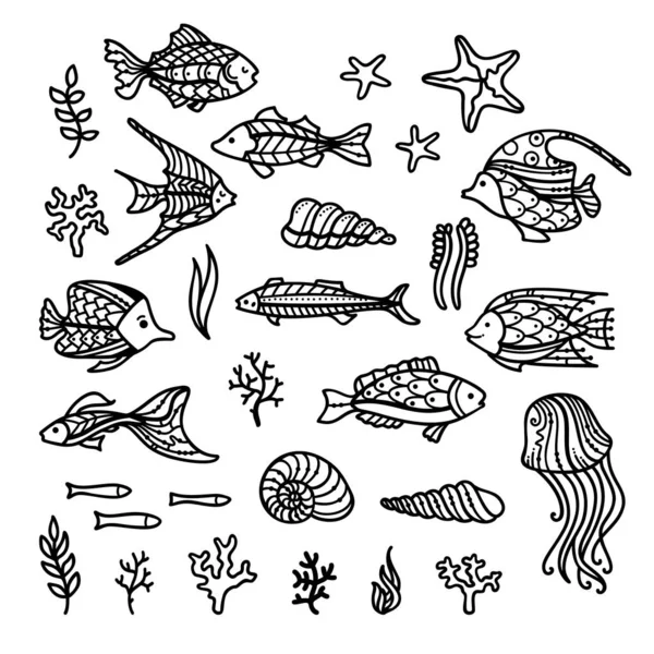 Vector doodles underwater icons set. — Stock Vector