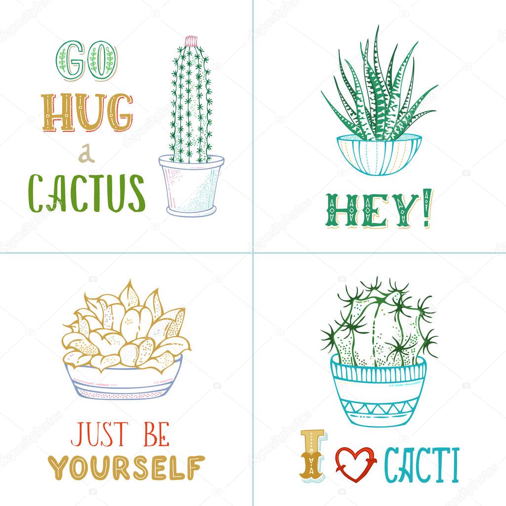 Vector linear cacti and hand-written lettering.