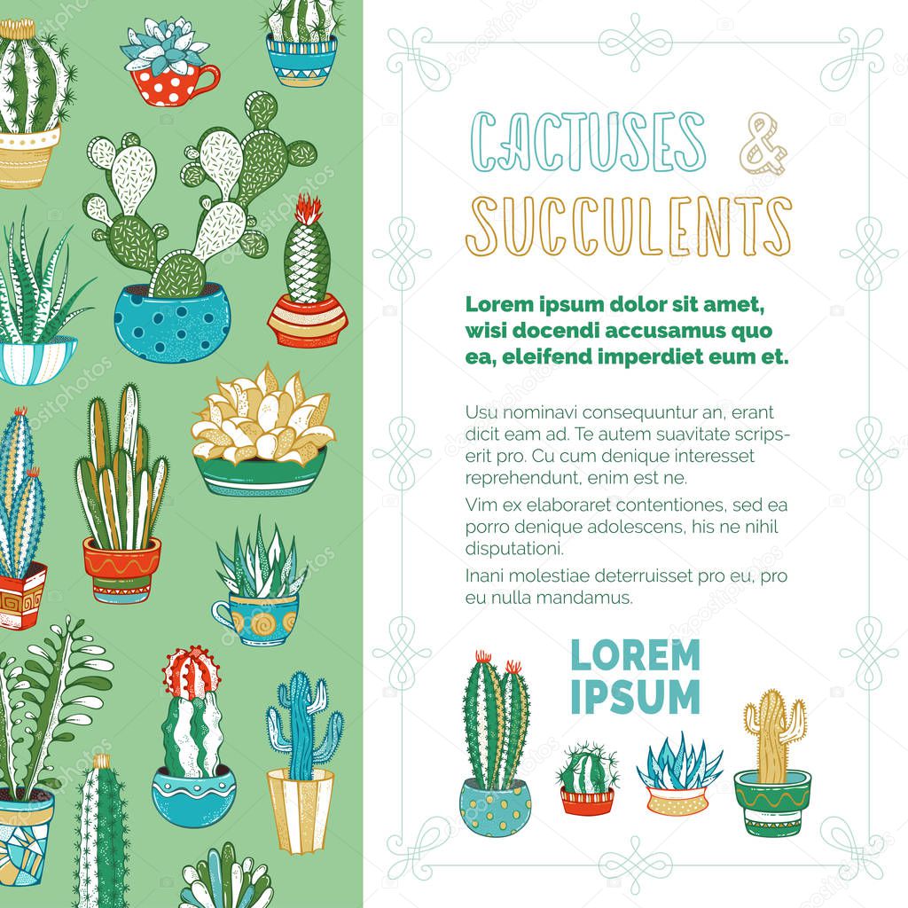 Cactuses and succulents vector background. 