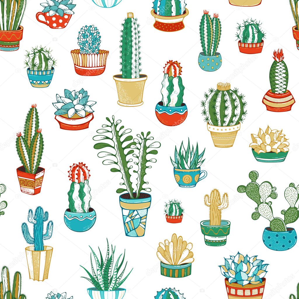 Vector seamless pattern of cacti and succulents. 