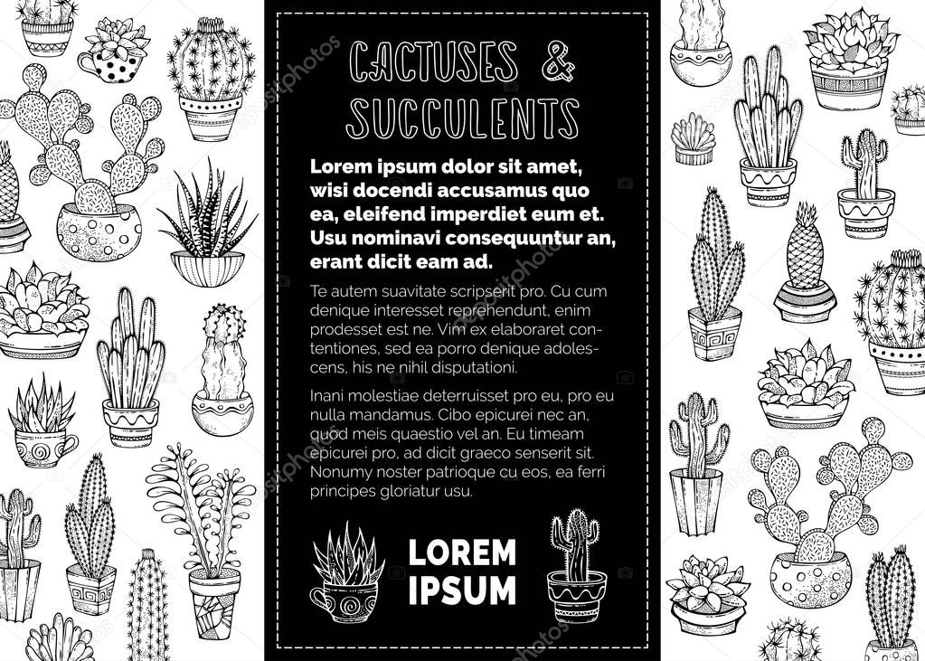 Cactuses and succulents vector doodles background.