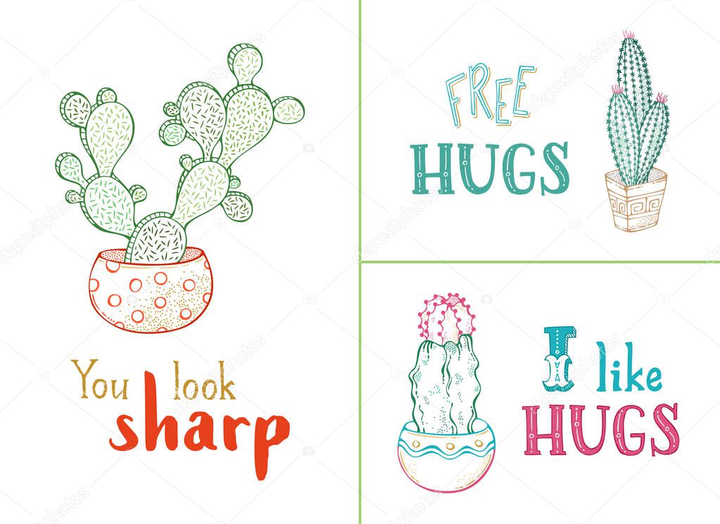 Vector hand-drawn cacti and hand-written lettering.
