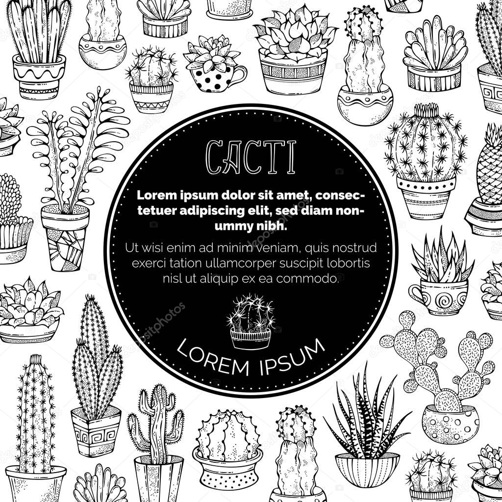 Vector cacti doodles background.