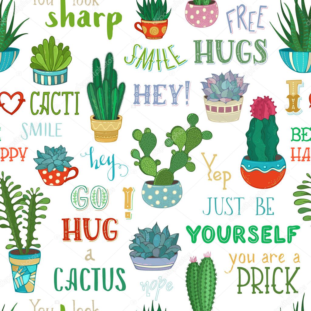 Vector seamless pattern of cacti and hand-written lettering. 