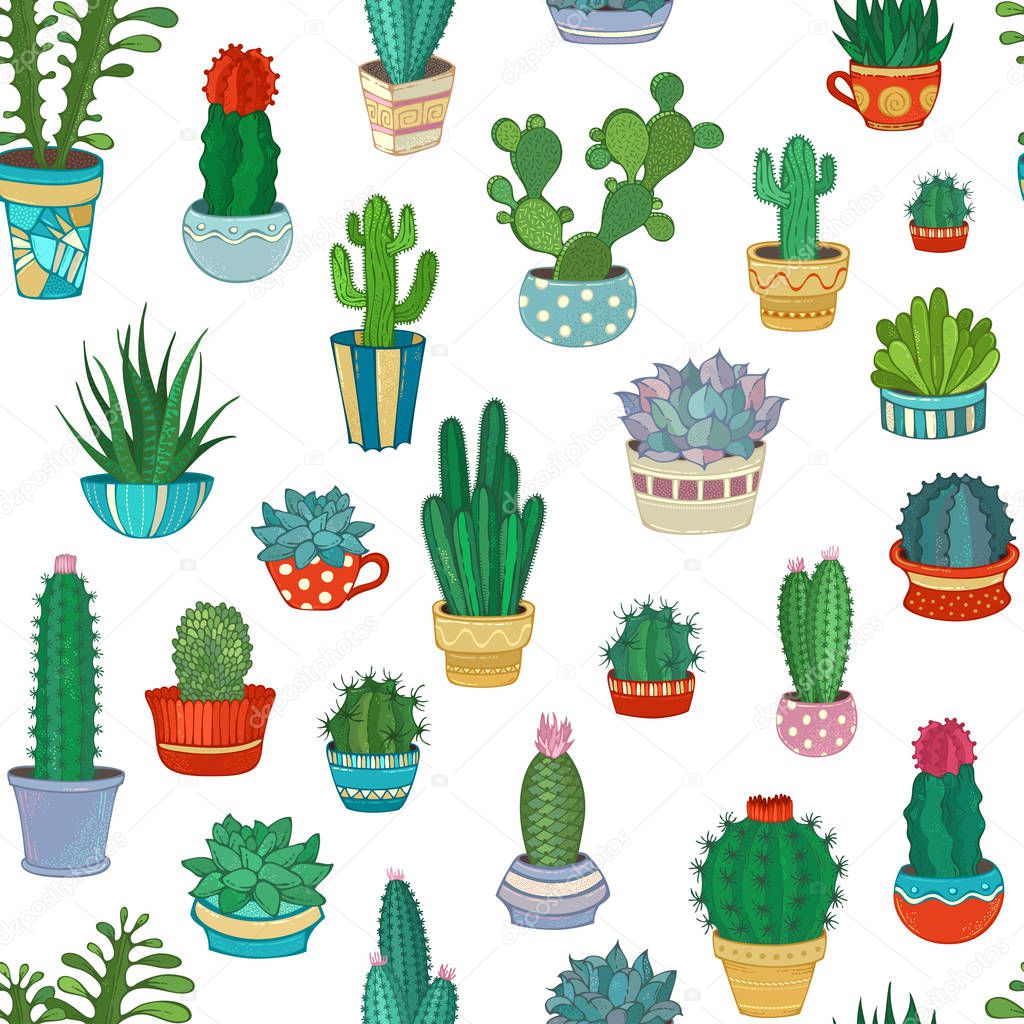 Vector seamless pattern of cacti and succulents. 