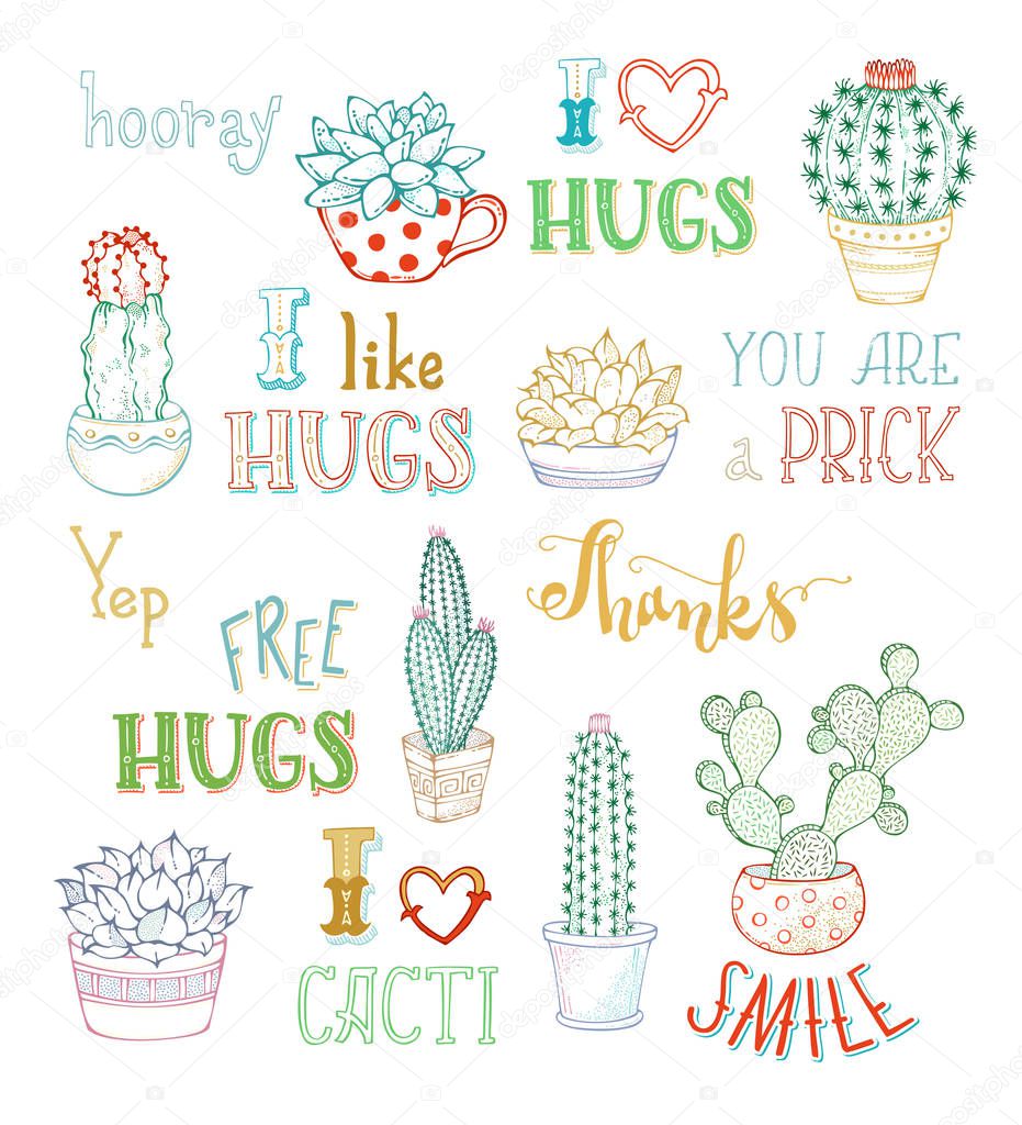 Vector outlined hand-drawn cacti and lettering on white backgrou