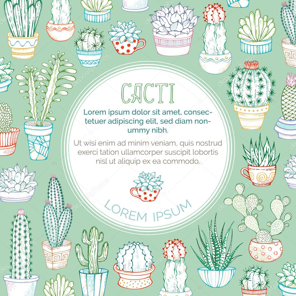Vector outlined cacti background.